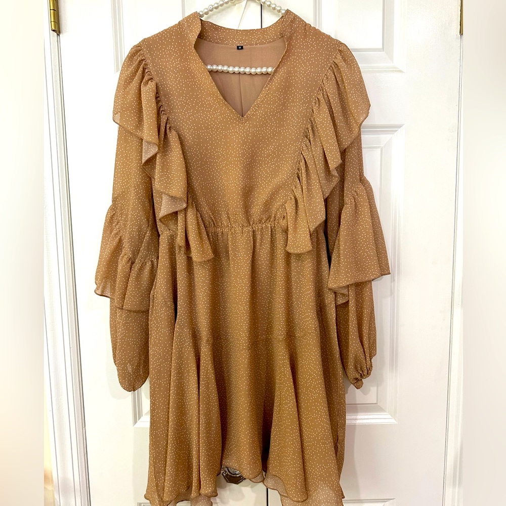 Tan Long Sleeve Dress V Neck High Waist Ruffle flowy Mini Dress with white dots - Picture 2 of 3